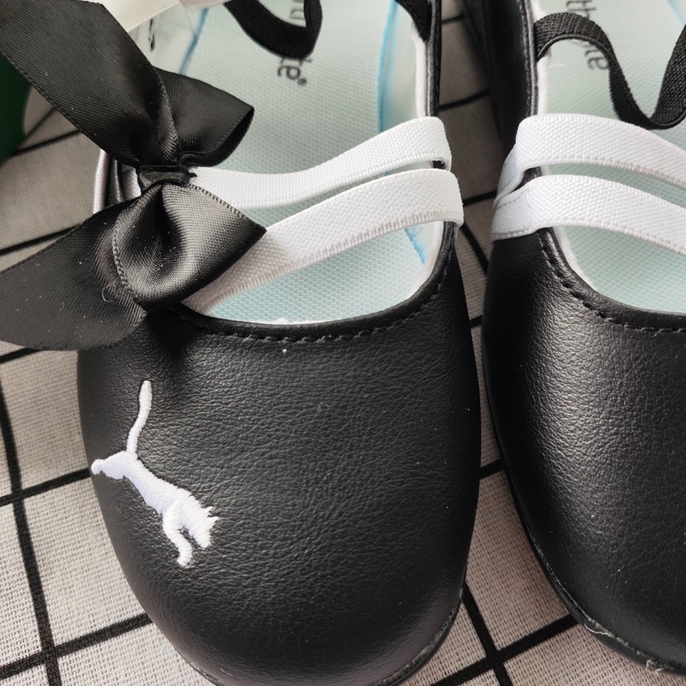 Puma Black and White Girls Ballet Flats with Bows and Straps - Picture 2 of 6